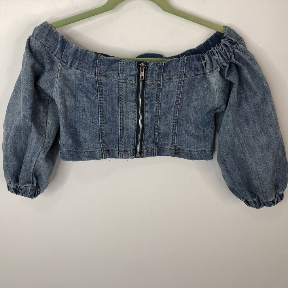 Kroix Womens Denim Cropped Top Size Small Off Shoulder Zip Front Balloon Sleeves